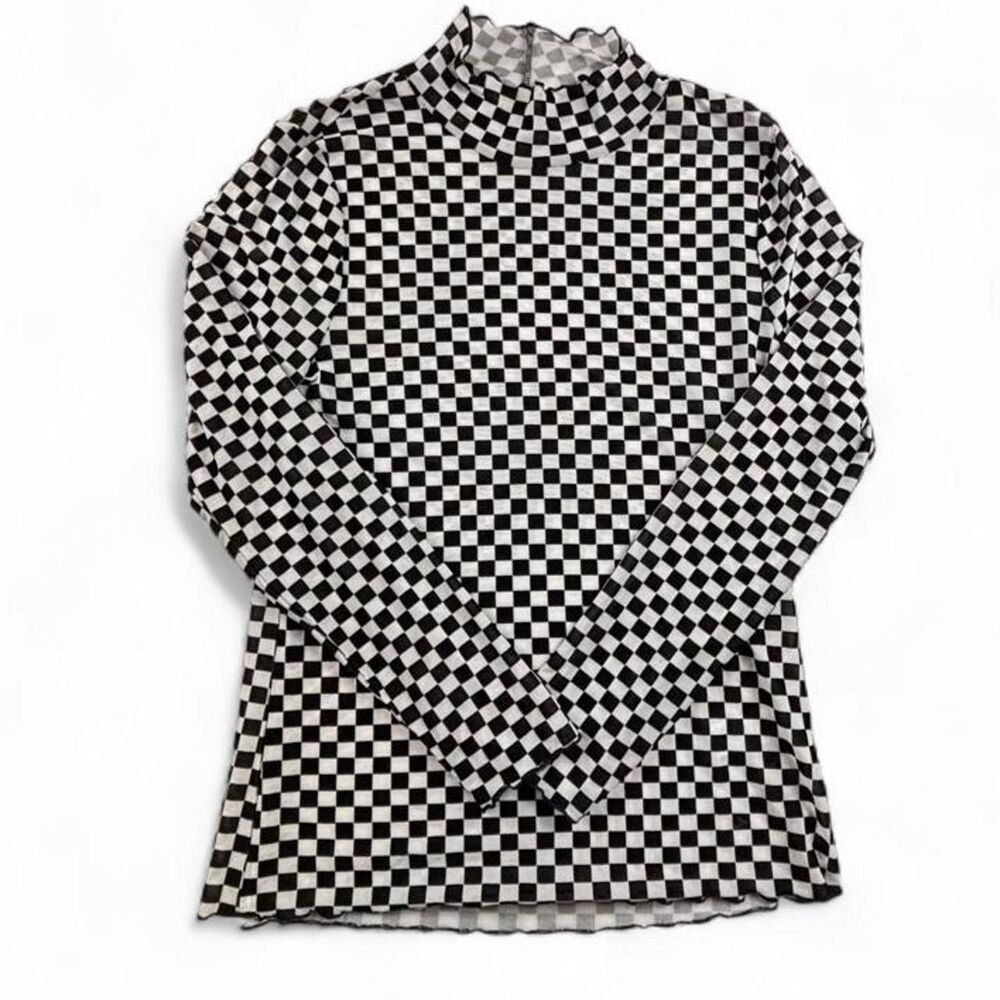 Jade by Jane Black White Checkered Mesh Mock Neck Top Women’s L Whimsy Goth
